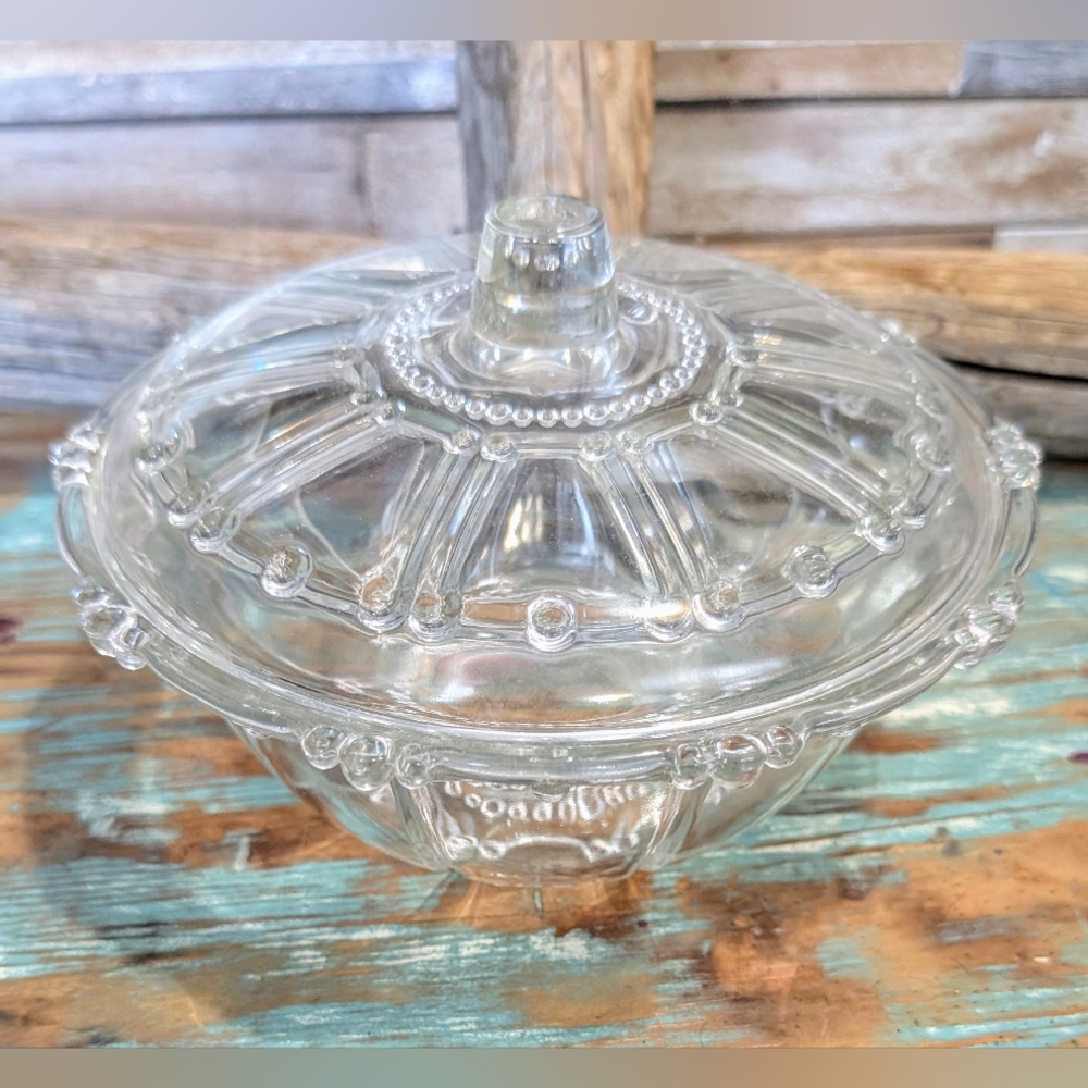 Vintage Elegant Clear Glass Candy Dish With Beaded Glass And Lid